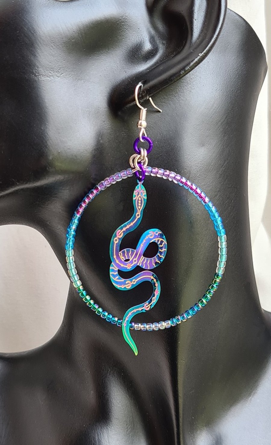 A Touch Of Euryale - Large Serpent Earrings - Purple Blue Greens