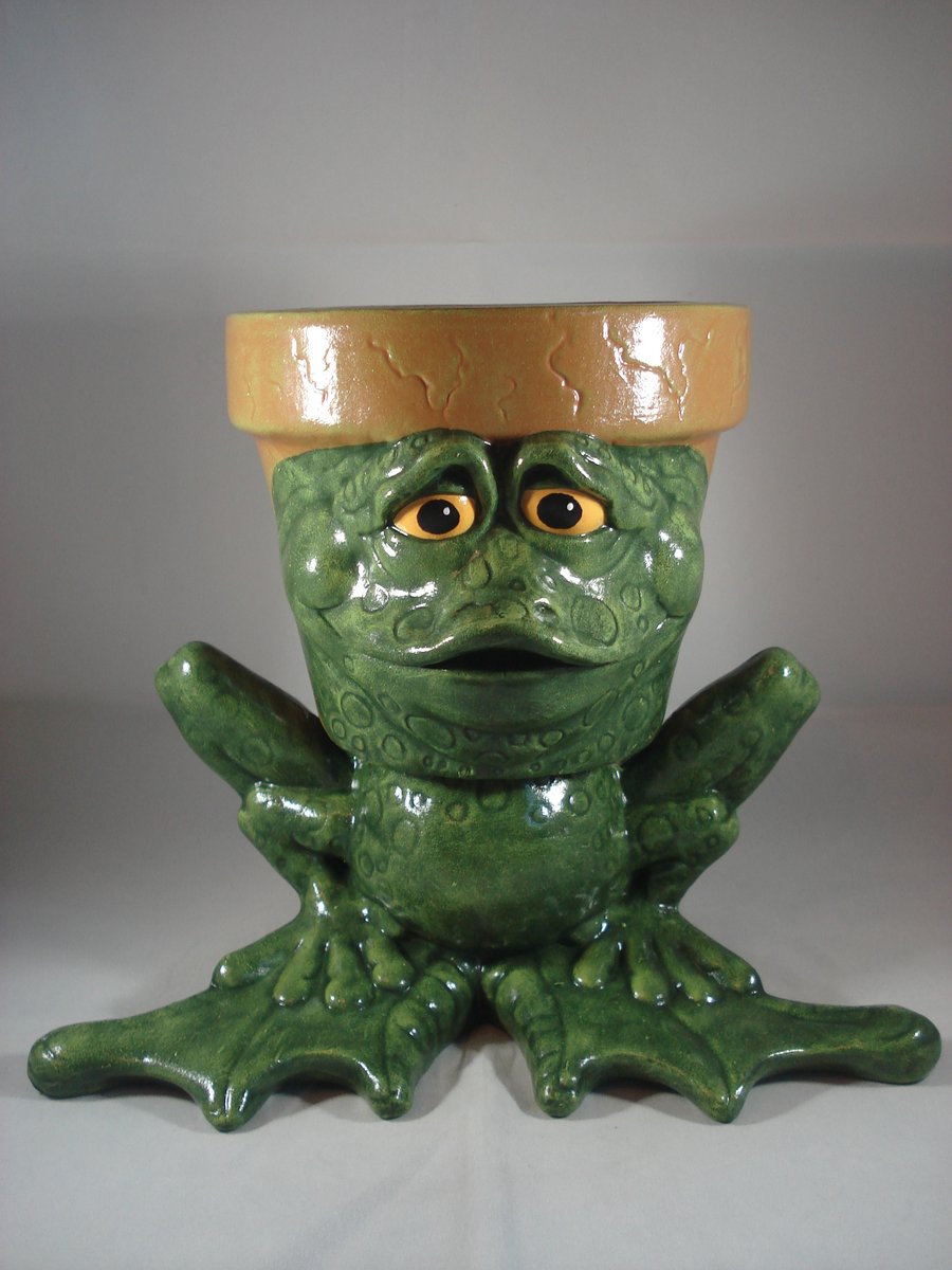 Ceramic Green Frog Toad Animal Figurine Flower Herb Plant Pot Container.