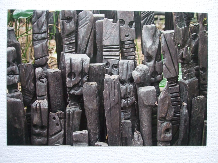 Photographic greetings card of charred totems at the Eden Project.