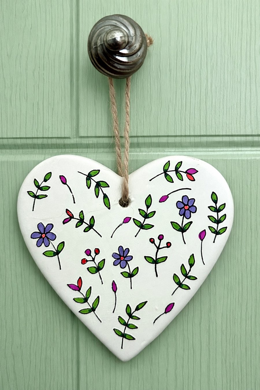 Hand drawn wild flowers ceramic hanging heart