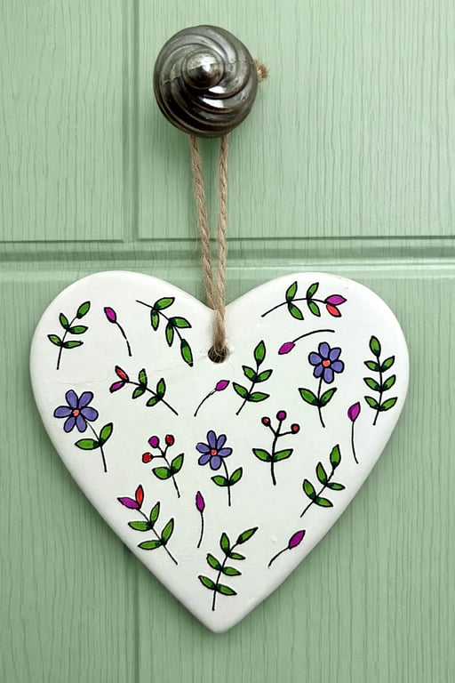 Hand drawn wild flowers ceramic hanging heart
