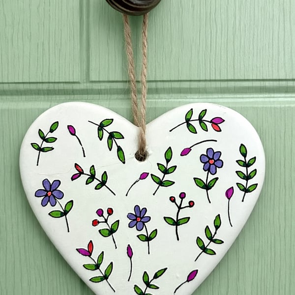 Hand drawn wild flowers ceramic hanging heart