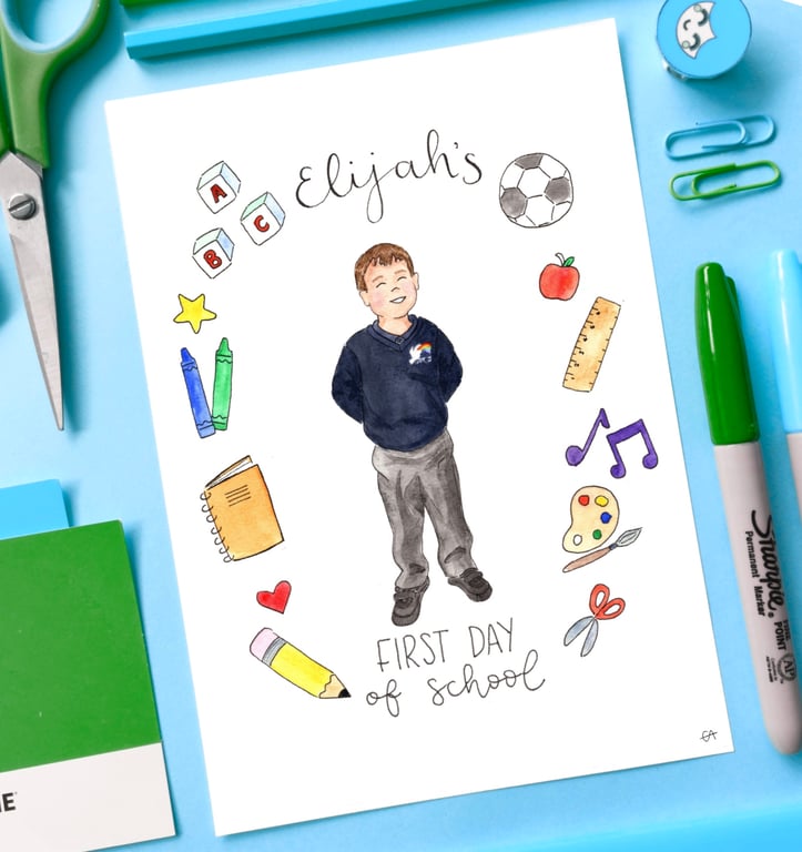 A4 First Day of School Custom Watercolour Illustration
