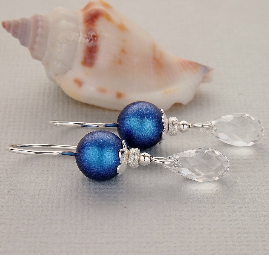  Iridescent Blue Pearl Earrings, Swarovski Earrings, Sterling Silver Earrings