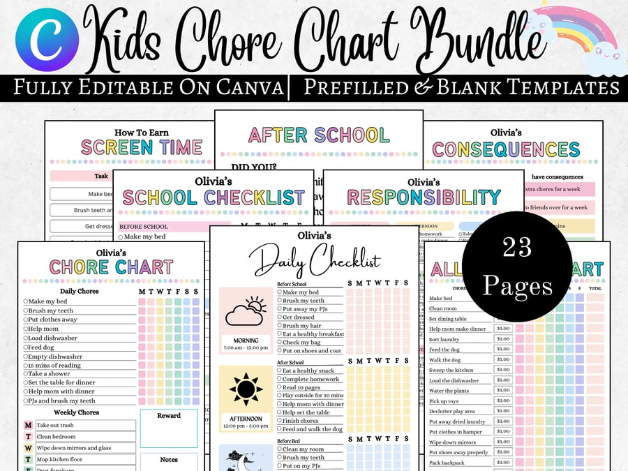 Kids Chore Charts Bundle, Kids Behavior Charts, Weekly Chores, Digital Download
