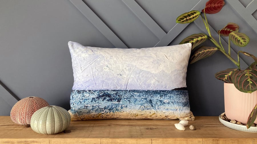'Long Rock, Cornwall' seascape handmade cushion