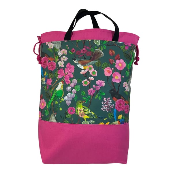 XXL drawstring knitting bag with birds and floral print, supersized multi pocket