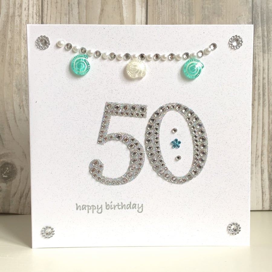 Birthday card - 50th 50  - handmade - milestone ammonite fossil