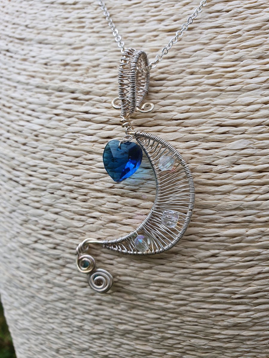 Silver Plated Wire Wrapped Blue Crystal Crescent Moon Pendant Necklace