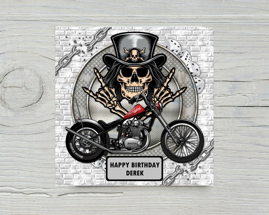Personalised Skeleton Biker Birthday Card, Father's Day Card