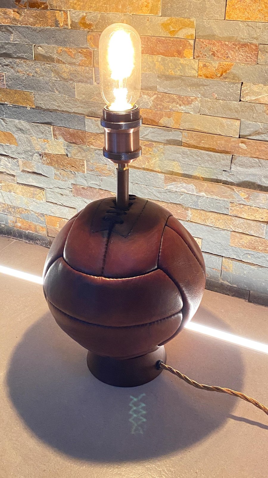 Vintage up-cycled Leather football lamp. Bespoke ,unique .