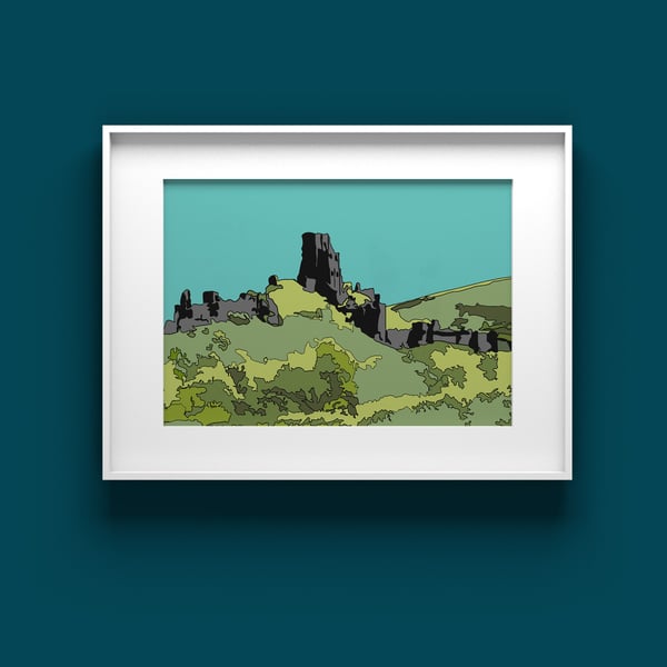 Corfe Castle art print - Dorset landmark print -  Purbeck gift for friend
