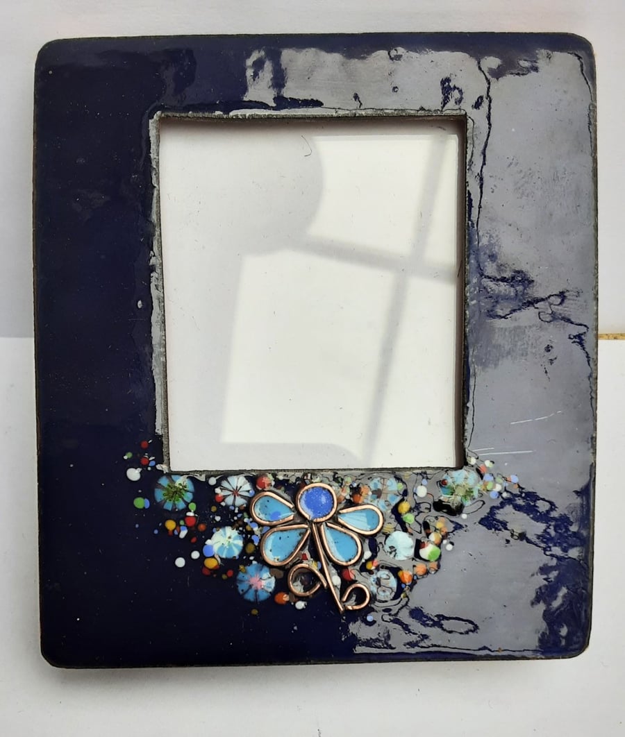ENAMELLED PHOTO FRAME - FLORAL - HAND CRAFTED - ROYAL BLUE