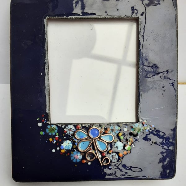 ENAMELLED PHOTO FRAME - FLORAL - HAND CRAFTED - ROYAL BLUE