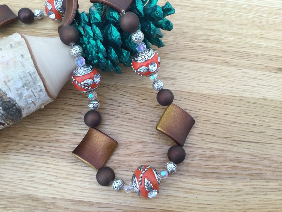 Chunky Red and Brown Indonesian Style Bead Necklace