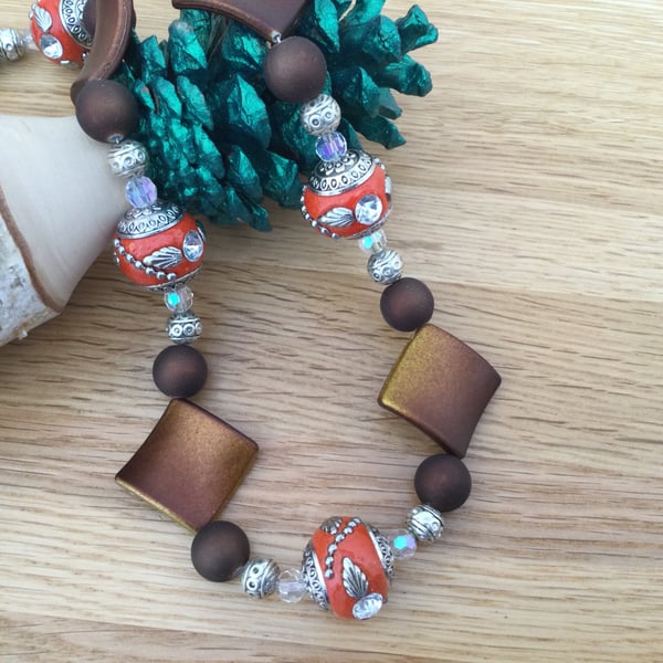 Chunky Red and Brown Indonesian Style Bead Necklace