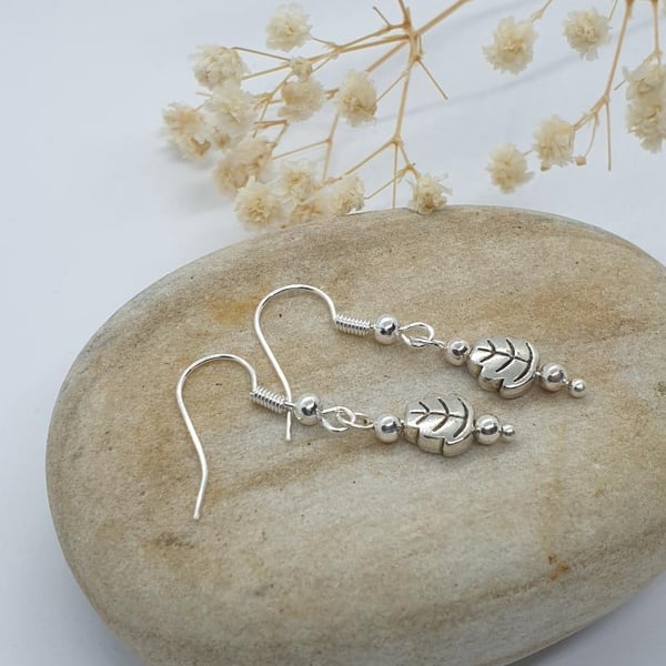 silver plated earrings with tiny cast silver leaf charms boho style 