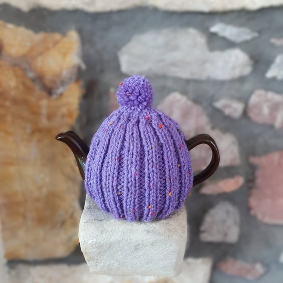 Small Tea Cosy for 2 Cup Tea Pot, Purple Tweed, Hand Knitted