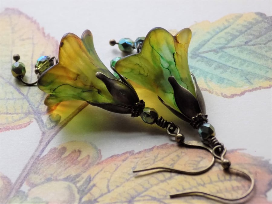 Green and Gold "AUTUMN LEAVES" Autumn Fall Hand Painted Lucite Flower Earrings