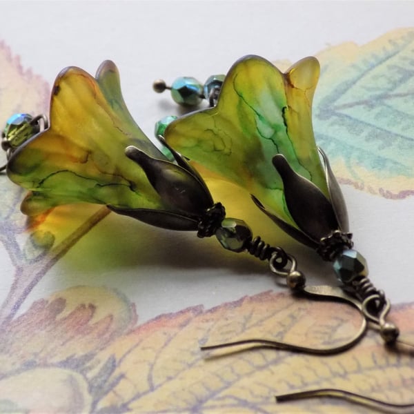 Green and Gold "AUTUMN LEAVES" Autumn Fall Hand Painted Lucite Flower Earrings