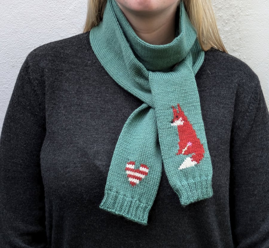 Knitted Wool Scarf with Fox and Heart Motif