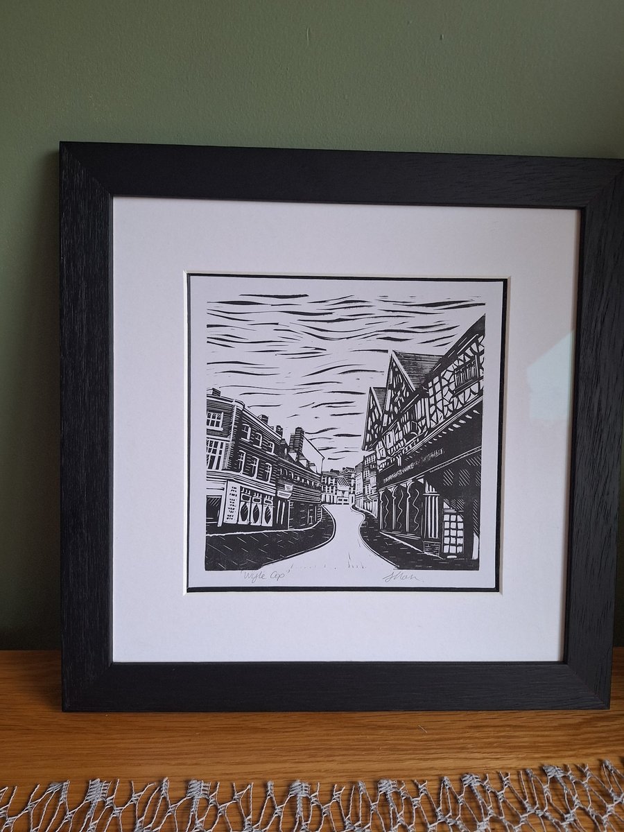 'Wyle Cop.'Original handprinted linoprint of an iconic view in Shrewsbury.