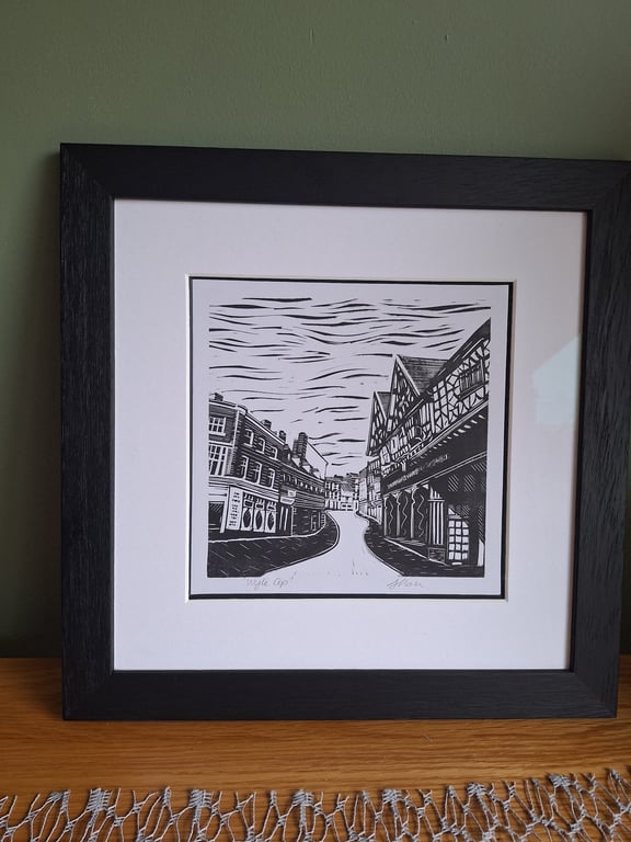 'Wyle Cop.'Original handprinted linoprint of an iconic view in Shrewsbury.