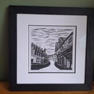 'Wyle Cop.'Original handprinted linoprint of an iconic view in Shrewsbury.