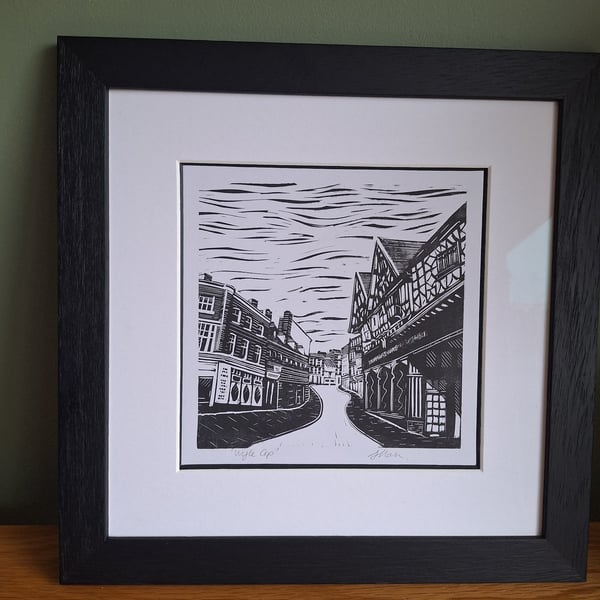 'Wyle Cop.'Original handprinted linoprint of an iconic view in Shrewsbury.