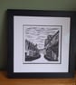 'Wyle Cop.'Original handprinted linoprint of an iconic view in Shrewsbury.