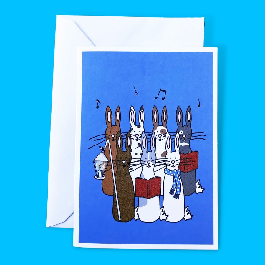 Bunnies Christmas Caroling Illustration A6 Card