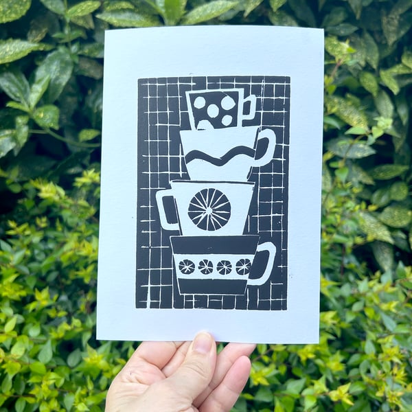 "Retro Cup Stack" A5 Original Lino Print