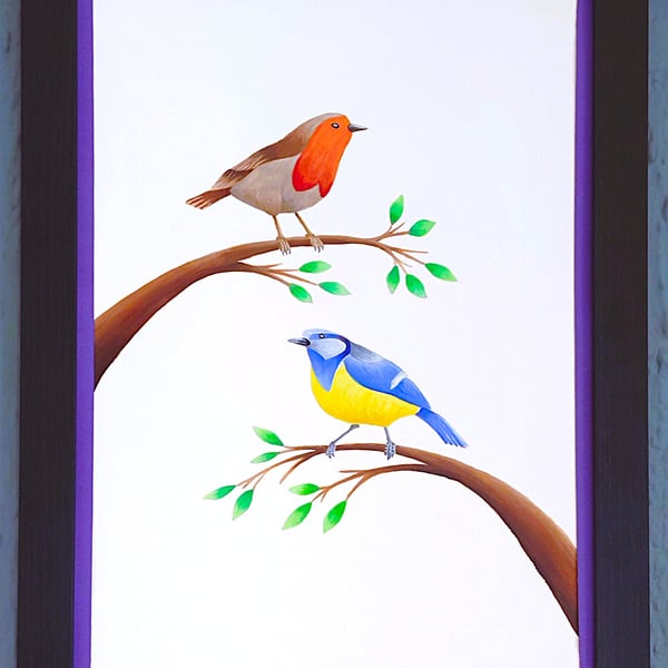 Made in UK Framed A3 Print Colourful Bluetit Red Robin Purple Border Wallart