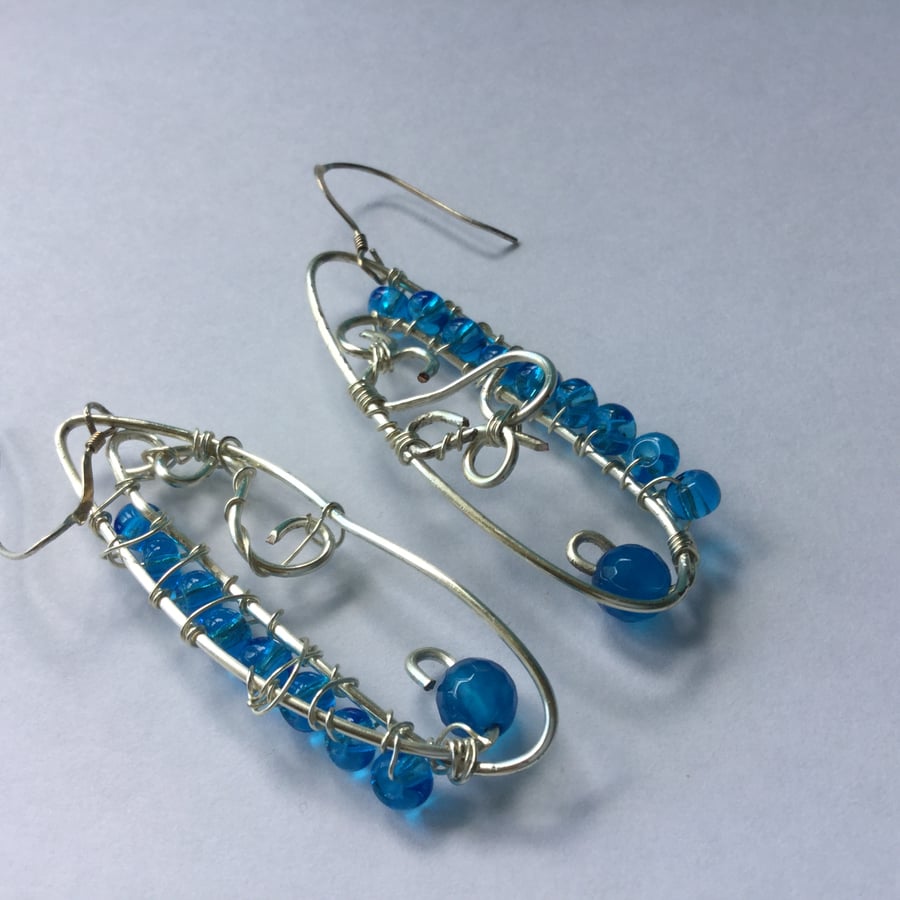 Blue wire wrapped crystal and silver earrings ideal for Christmas gift