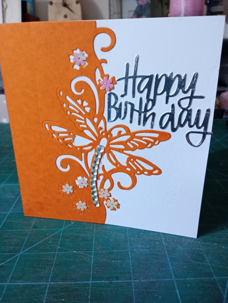 Orange dragonfly birthday card 