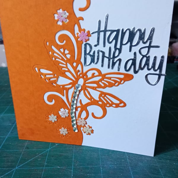 Orange dragonfly birthday card 