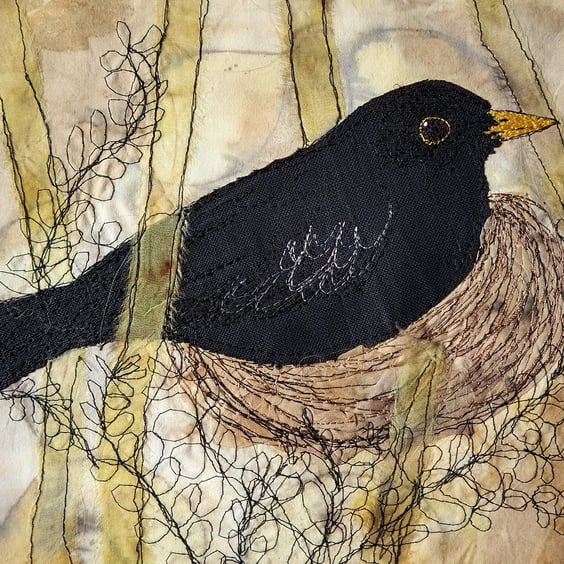 Blackbird on the Nest Embroidered Portrait Greetings Card