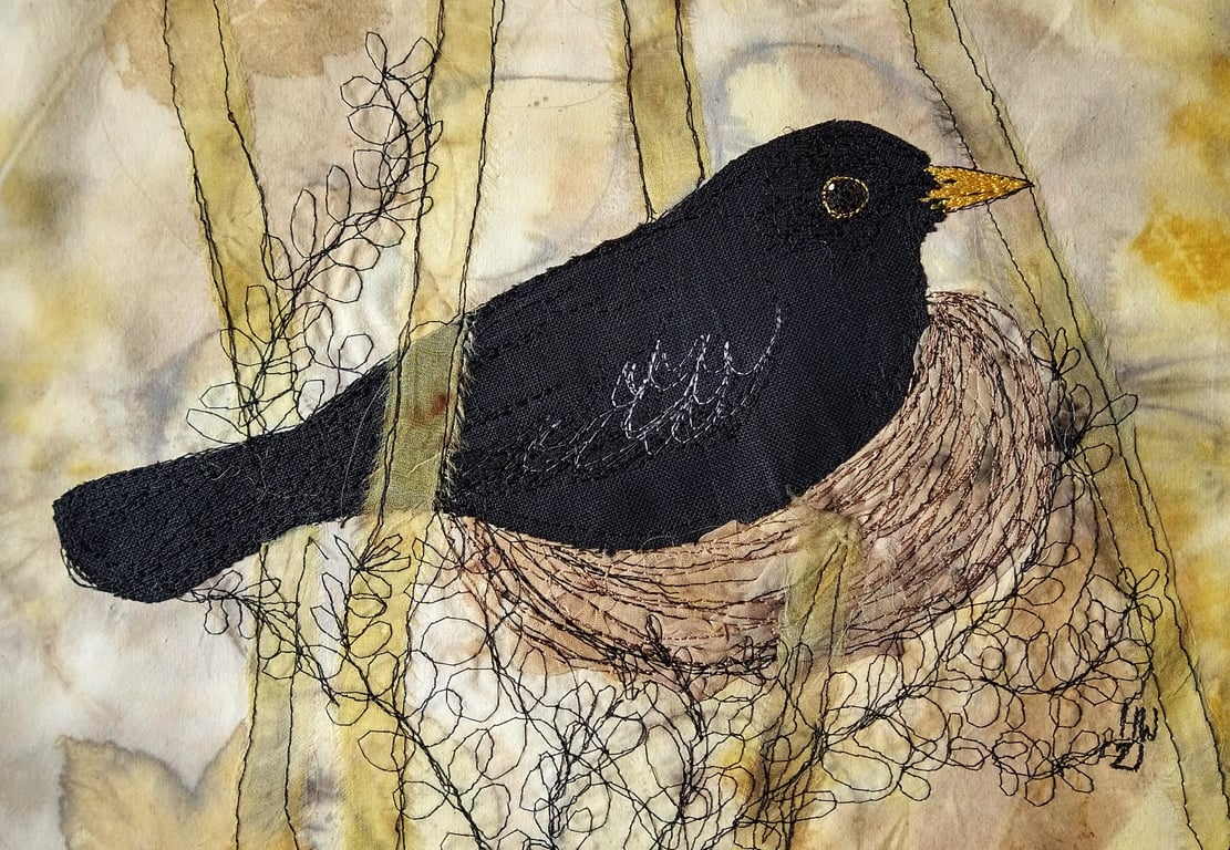 Blackbird on the Nest Embroidered Portrait Greetings Card