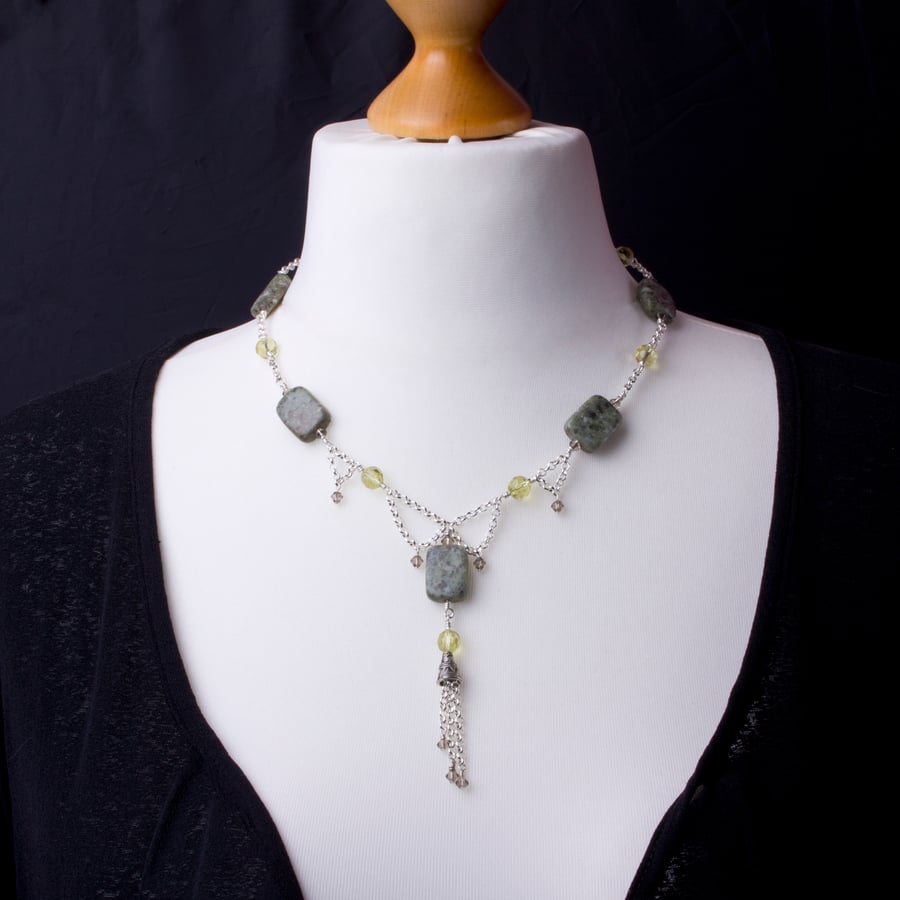 Green Jasper swag necklace - Elegant gemstone bead and chain statement necklace