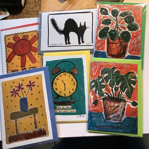 Collection of six blank cards. Plants, sunshine, cats, flowers, 