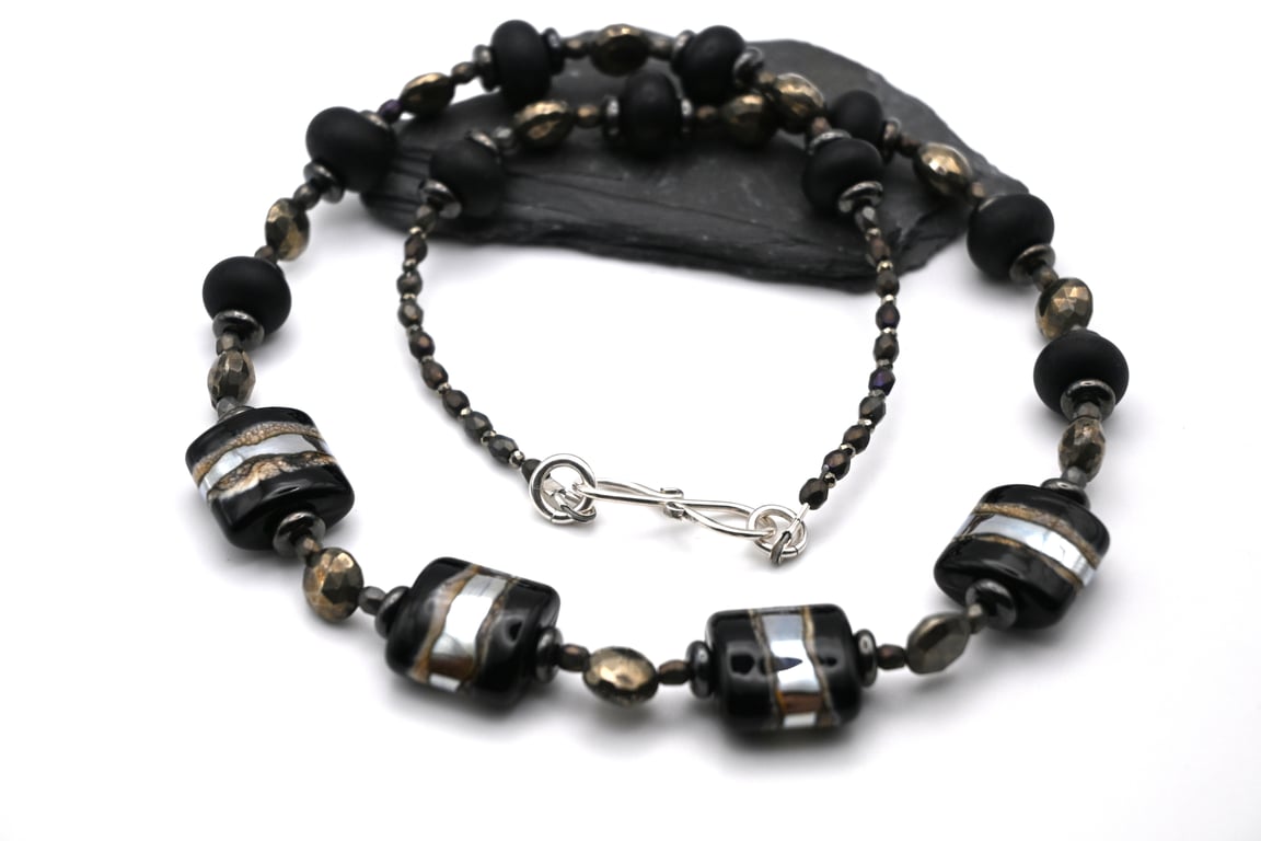 black lampwork glass and pyrite gemstone necklace