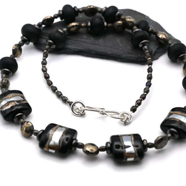 black lampwork glass and pyrite gemstone necklace