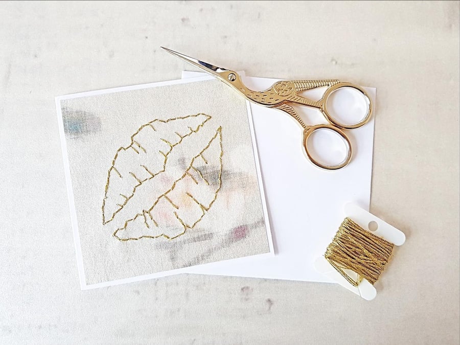 SALE Gold lips hand stitched card 