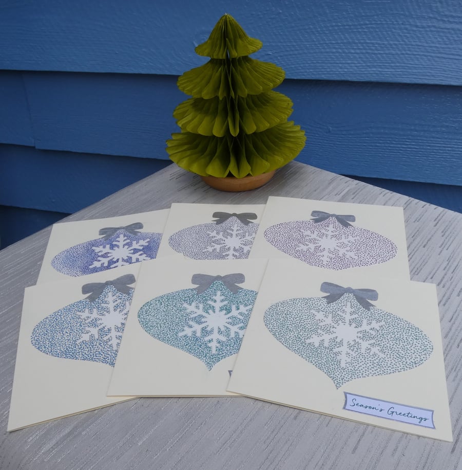 6 Christmas cards, Pontillism baubles with snowflakes & silver bows, 6x6" cards