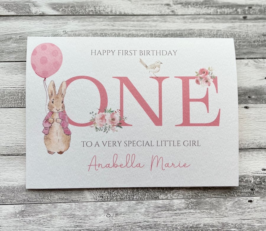 First Birthday Card, Personalised Peter Rabbit inspired girls 1st Birthday 
