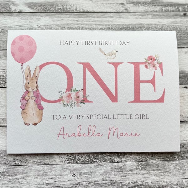 First Birthday Card, Personalised Peter Rabbit inspired girls 1st Birthday 