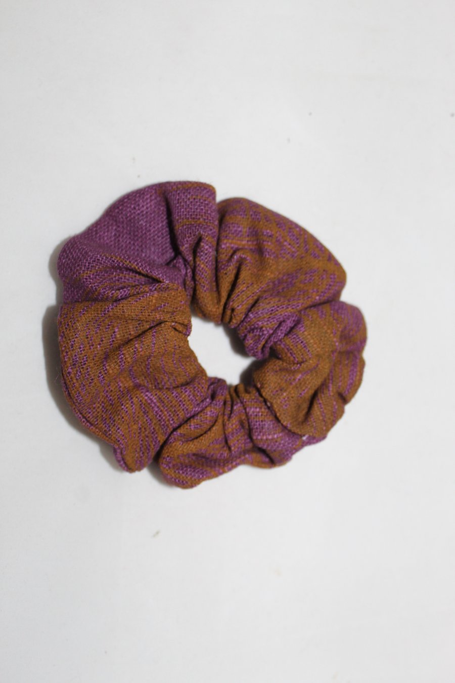 Purple hair scrunchie,peacock hand printed,Eco, zero waste scrunchie gift.