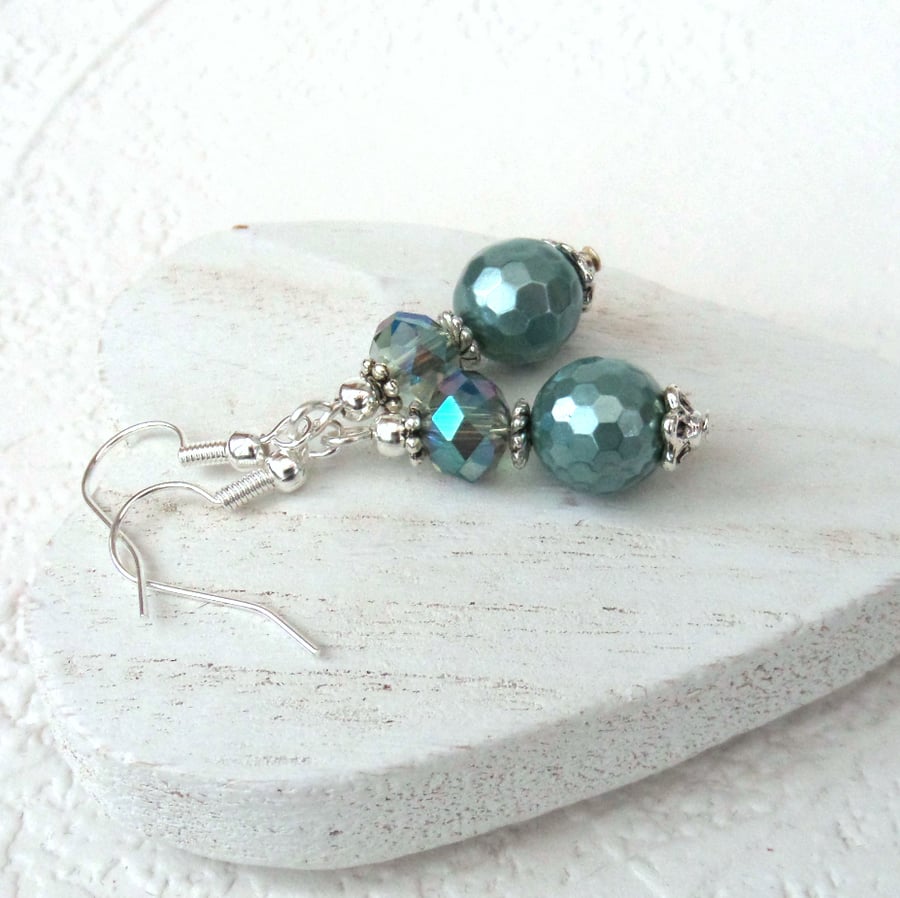 Teal green shell pearl and green crystal earrings