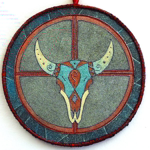 BTM001 - Buffalo Skull Totem Mandala - 15cm diameter - Green-Red-Pewter