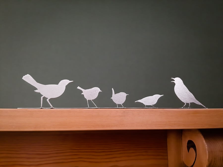 British Garden Birds Silhouette, Blackbird, Robin, Wren, Nuthatch, Song Thrush